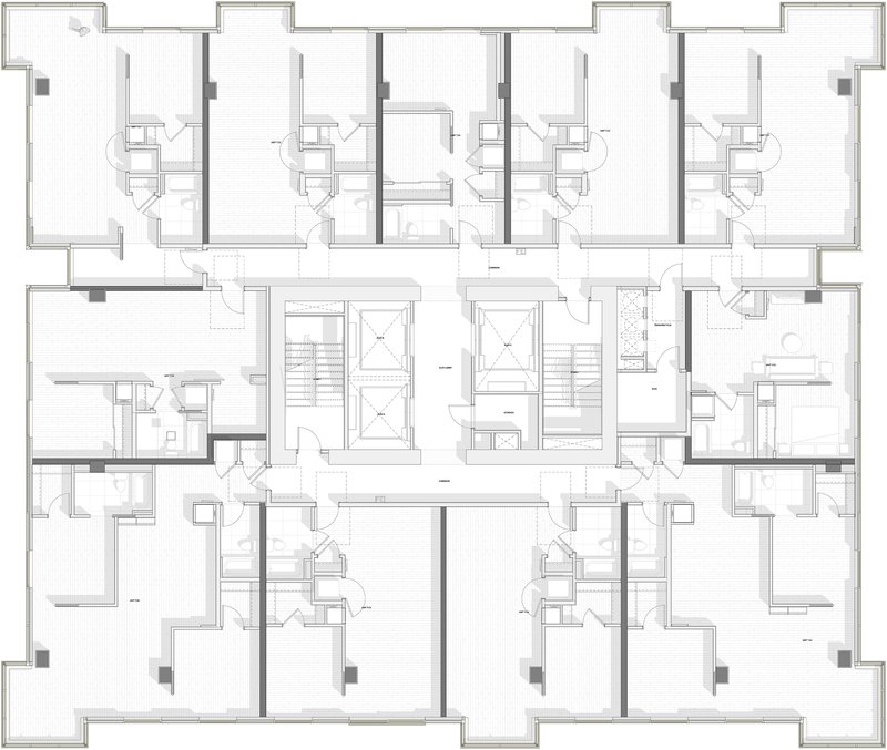 Floor plan drawing illustrating residential units with individual layouts surrounding paired stair and elevator shafts