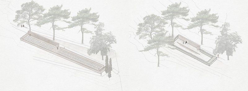 Axonometric drawing showing two elongated pavilion volumes with latticed facades nestled among trees