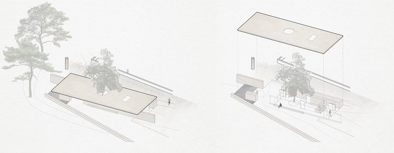 Axonometric drawing revealing the interior spatial arrangement beneath floating roof planes with figures and trees