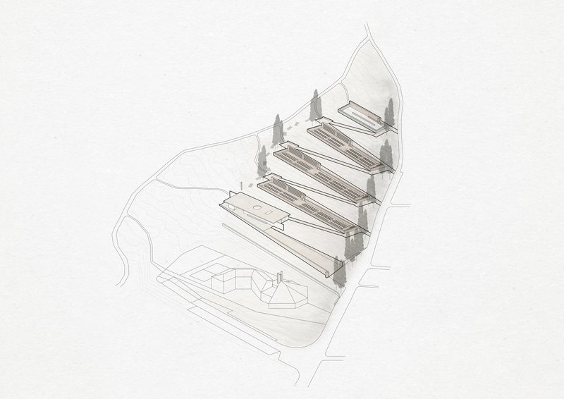 Exploded axonometric drawing displaying stacked horizontal floor plates above a circular ground level element