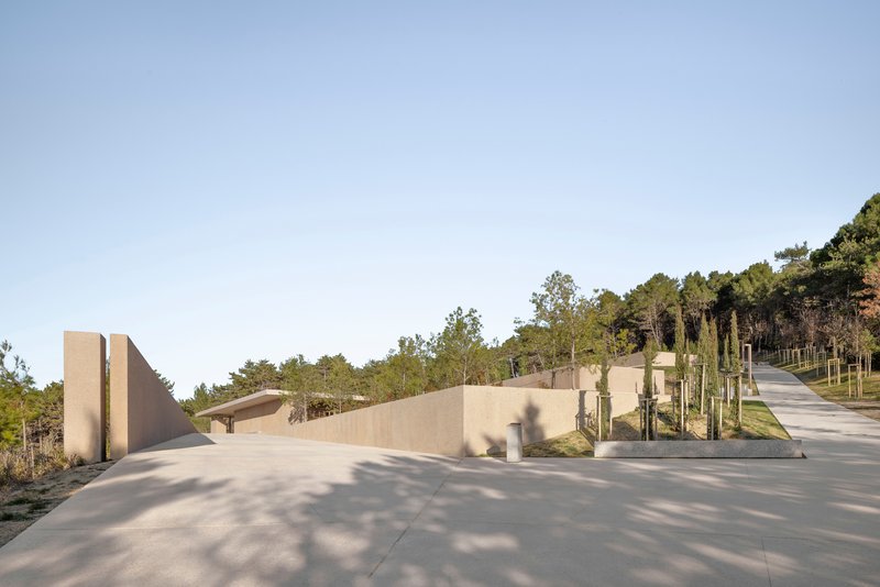 Concrete plaza with angular walls and grouped timber posts among shadows cast by surrounding trees