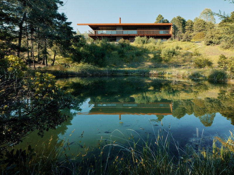 Two-storey horizontal volume with deep overhangs reflected in a natural pond surrounded by grasses and pines
