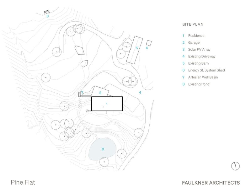 Site plan drawing showing residence placement on contoured terrain with existing structures and landscape features