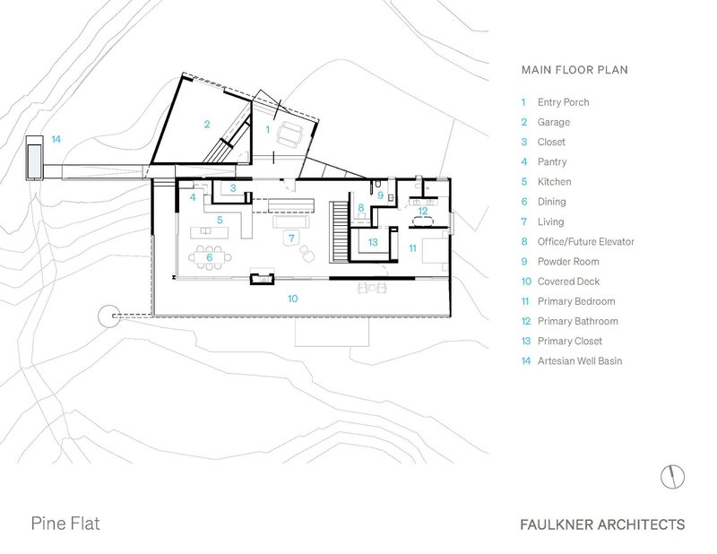 Floor plan drawing showing the main level with an angled garage volume and central living spaces