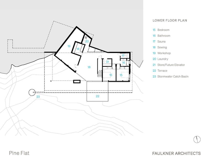 Floor plan drawing showing the lower level with bedrooms and workshop on sloping terrain