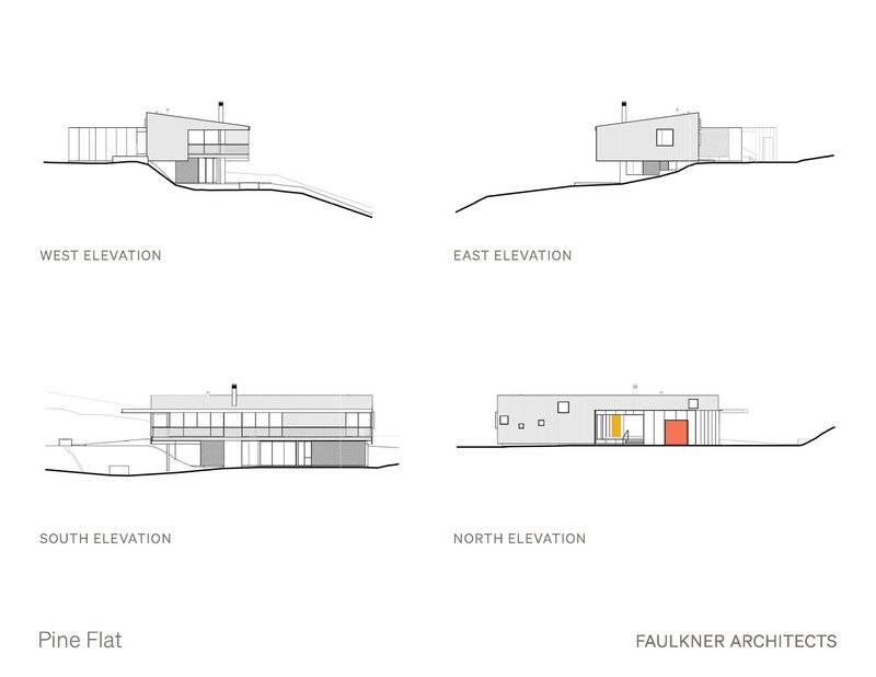 Elevation drawings from four cardinal directions showing the residence on sloping ground