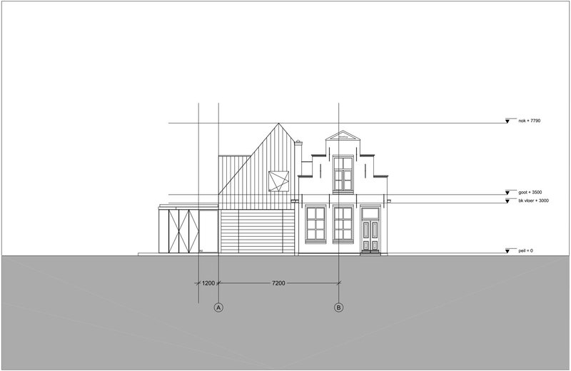 Front elevation drawing showing a gabled volume with vertical cladding and multi-height massing