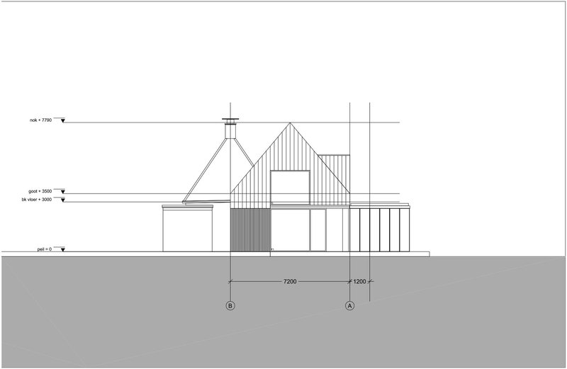 Rear elevation drawing showing the peaked roof and vertical siding of the addition