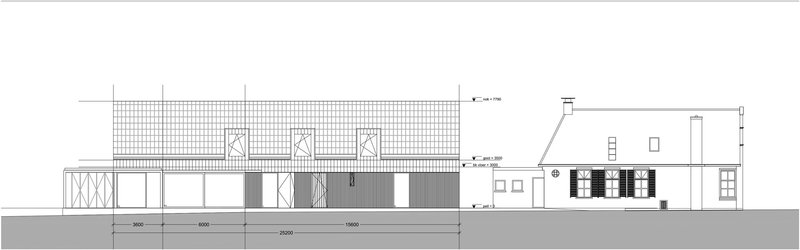 Elevation drawing showing a linear building with perforated brick screen and glazed openings
