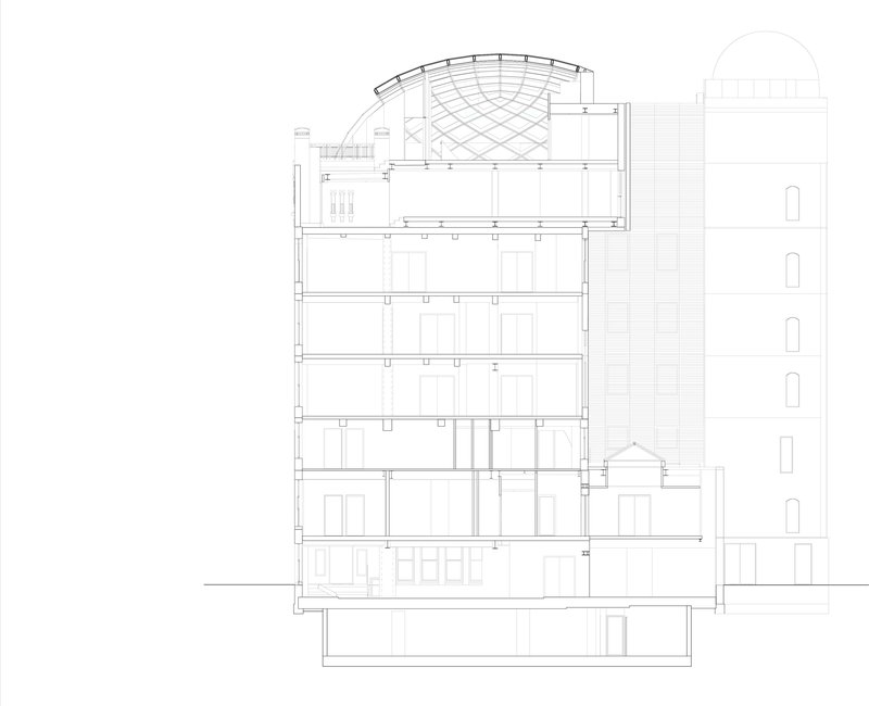 Section drawing showing multi-story building with arched glazed roof and adjacent cylindrical tower