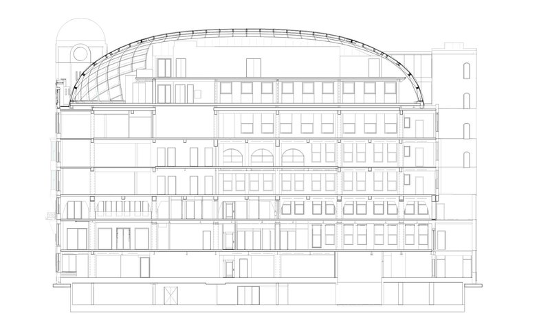 Section drawing revealing interior levels beneath barrel-vaulted glass roof with existing facade and tower