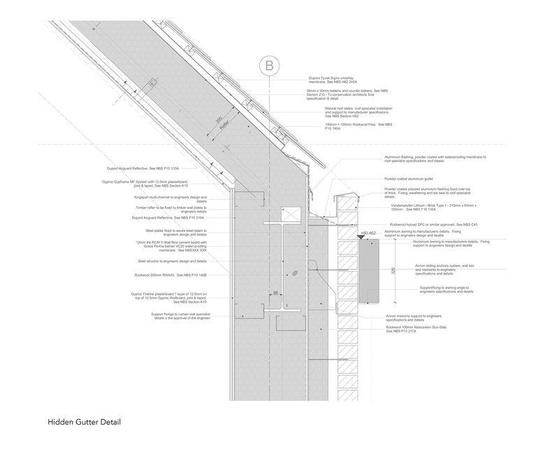 Sectional detail drawing of a hidden gutter assembly with roof drainage and wall layers annotated