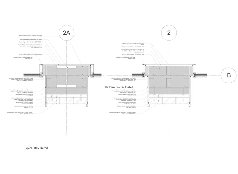 Typical bay detail drawing showing two window wall sections with horizontal and vertical framing members
