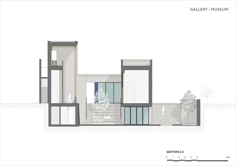 Section drawing showing varied ceiling heights and glazed facade with trees in foreground