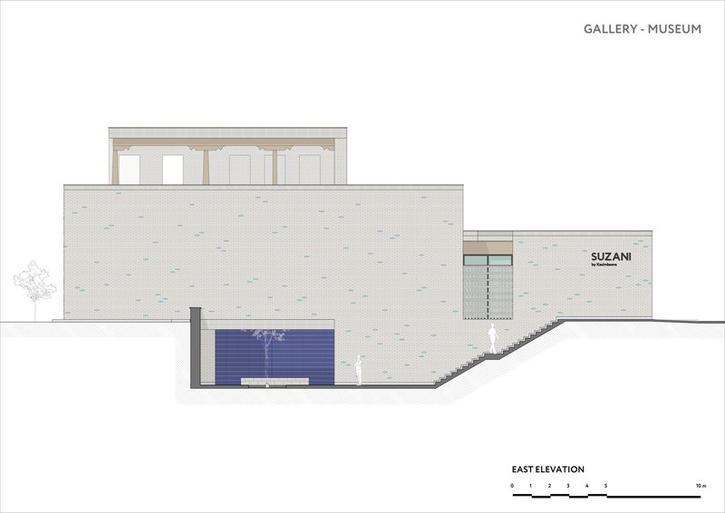 East elevation showing textured brick facade, blue entrance wall and stepped foundation