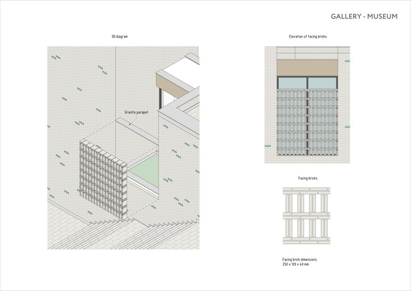 Isometric and elevation drawings detailing custom facing brick screen wall assembly and dimensions
