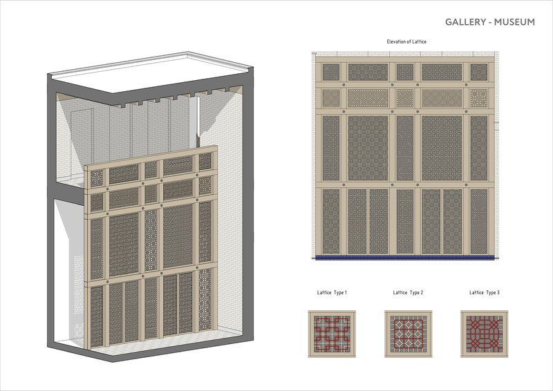 Axonometric drawing of lattice panel facade with elevation and detail patterns showing three distinct types