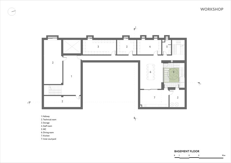 Basement floor plan showing hallway, technical rooms, storage spaces and tree courtyard
