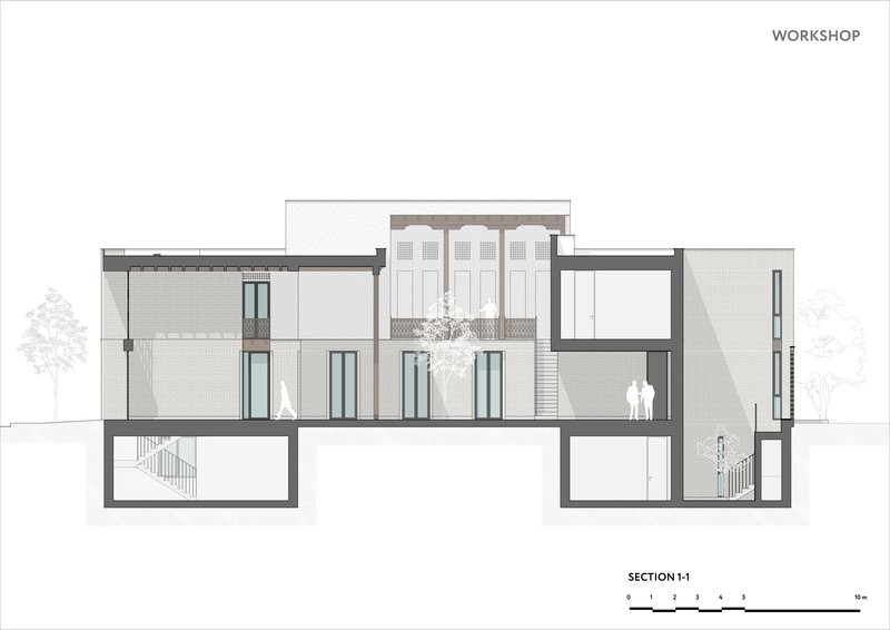 Section drawing showing three-story interior volumes with central courtyard tree and basement stairs