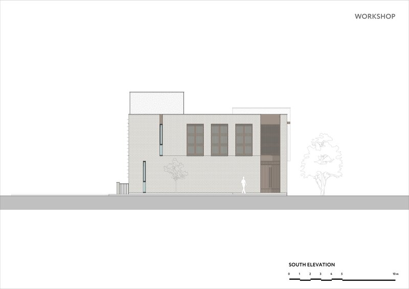 South elevation drawing showing textured facade with three tall openings and figure for scale