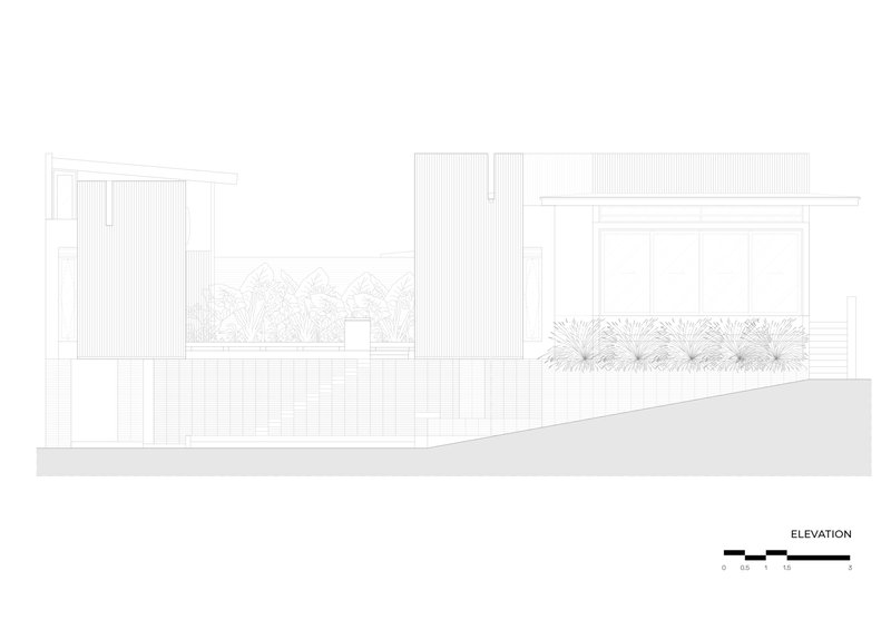 Elevation drawing depicting the split-level volumes with planted beds along the sloped grade