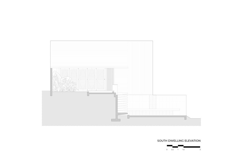South dwelling elevation drawing showing the upper volume with louvered screen above stepped terrain