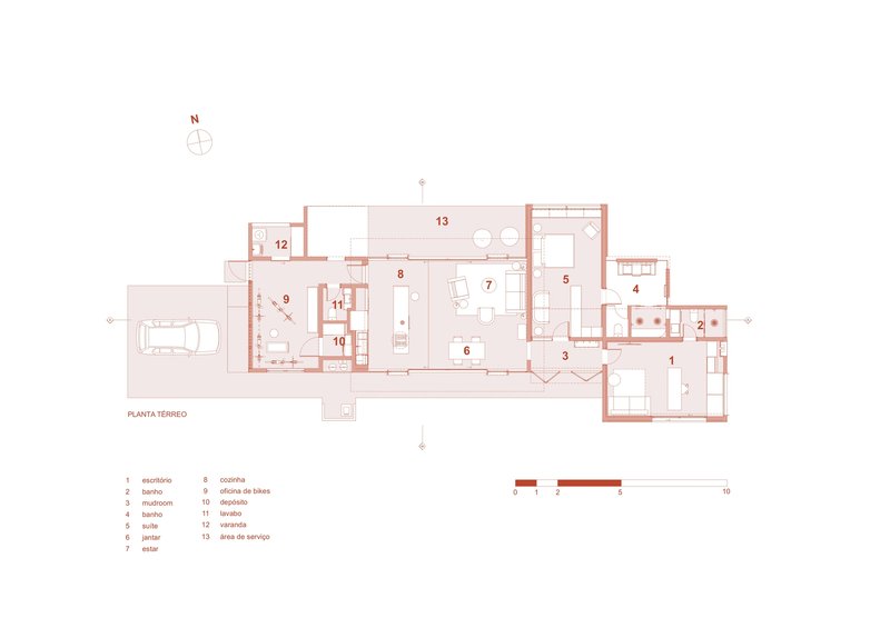Floor plan drawing illustrating the linear arrangement of rooms extending from the entry to service areas
