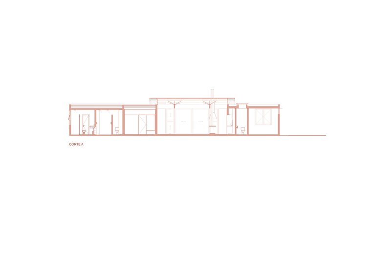 Section drawing showing the elevated central volume with exposed roof structure between lower flanking spaces