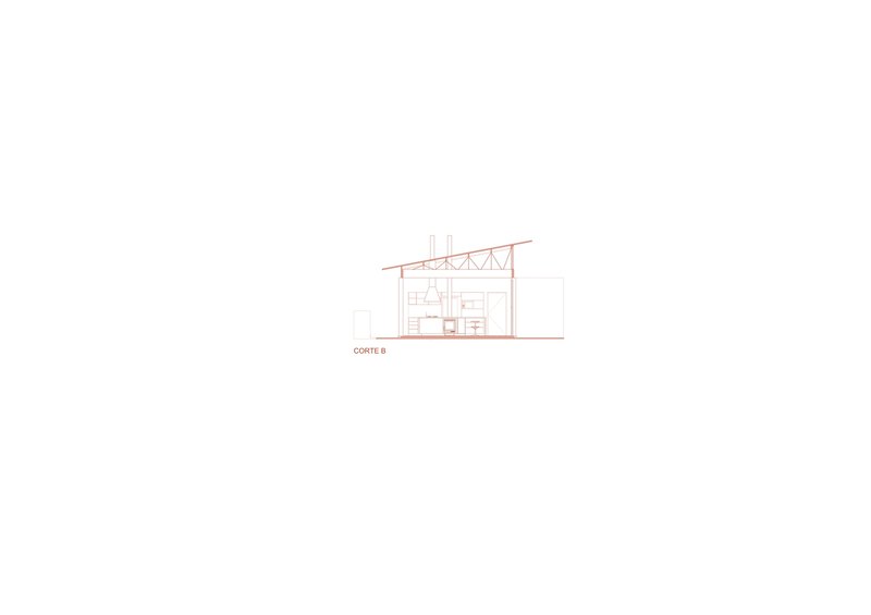 Section drawing showing interior spaces with exposed truss roof structure and vertical chimneys