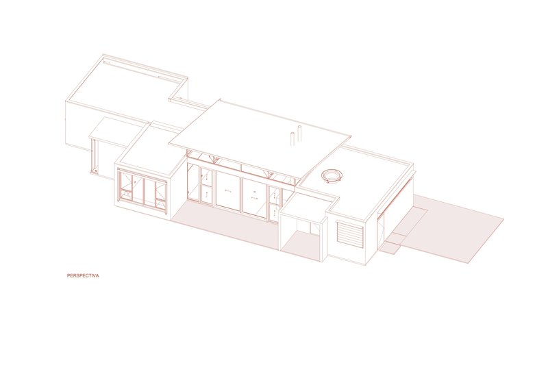 Perspective drawing showing elongated single-story volume with glazed openings and flat roof with patio