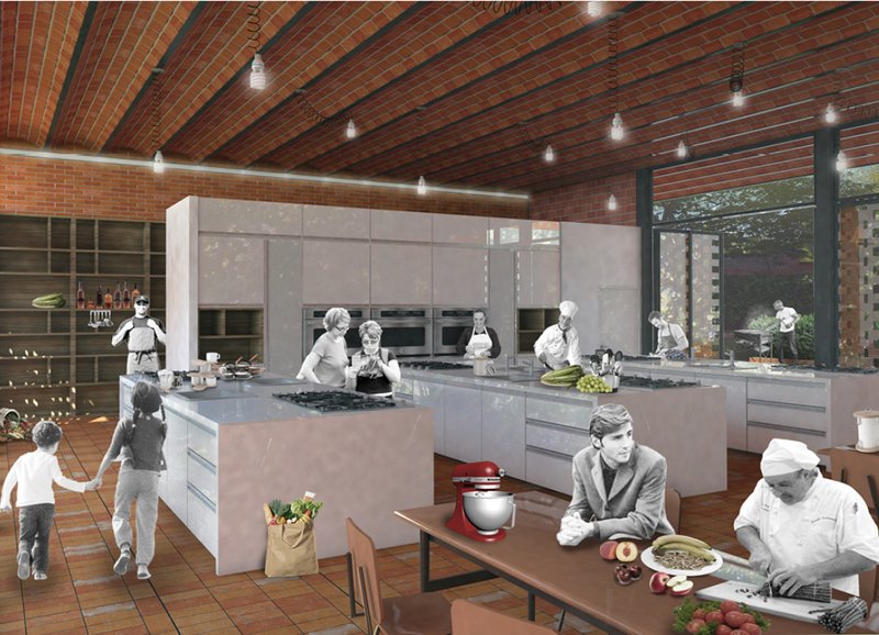 Interior workshop kitchen enabling hands-on learning and skill-based community engagement