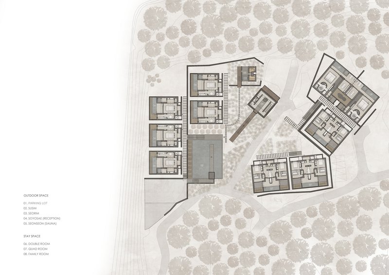 Site plan drawing showing clustered pavilions around a central courtyard with surrounding tree canopy