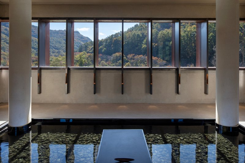 Interior pool chamber with ribbon windows overlooking forested hills and concrete beam mullions