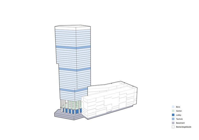 Axonometric drawing of a slender tower with horizontal banding and a glazed ground floor lobby