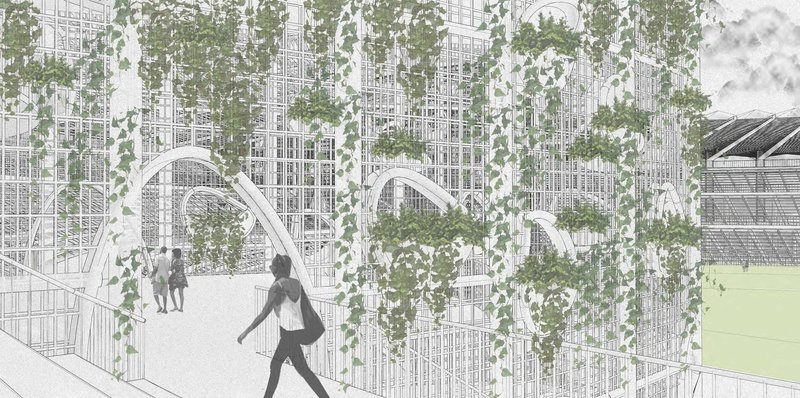 Layered facade system blending structure, vegetation, and spatial porosity