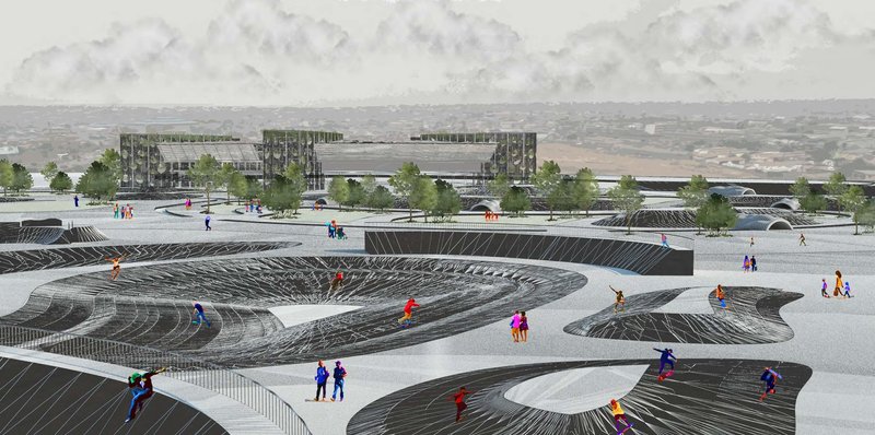 Public landscape with skatepark shaped by reclaimed landfill topography
