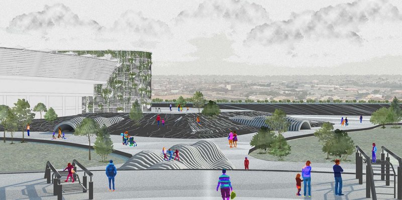 Community plaza integrating recreation, ecology, and open space