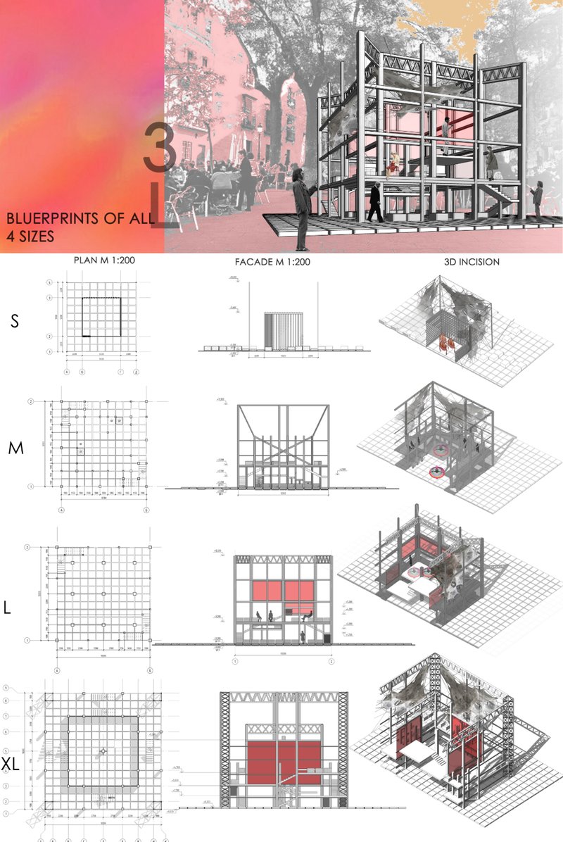 Blueprints across four sizes demonstrate flexibility of the modular architecture system.