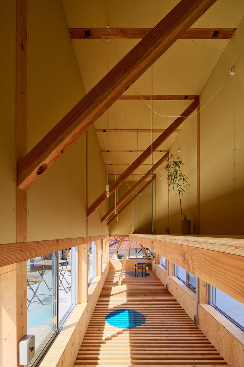 Long view down the slatted timber floor showing diagonal timber beams and a potted plant on the lower level