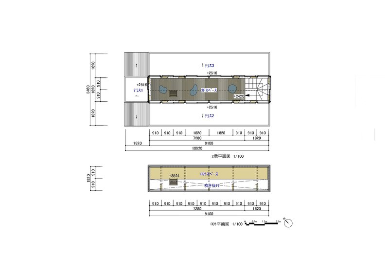 Floor plan and elevation drawing showing a narrow rectangular volume with terraces at each end