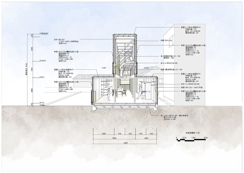 Section drawing revealing split-level interior spaces connected by stairs with human figures for scale