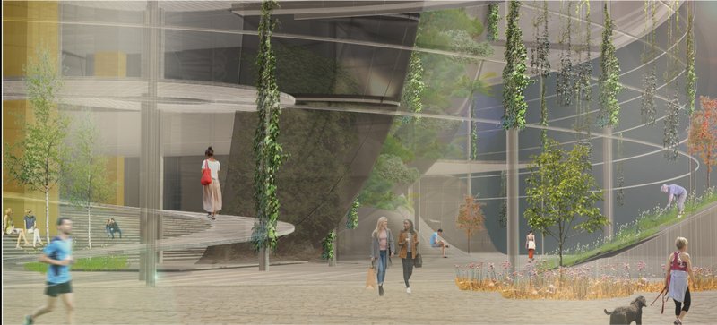 Interior landscapes merge circulation, ecology, and public interaction within a future-focused sustainable tower environment.