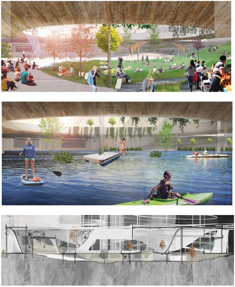 Public landscapes and water-integrated recreation spaces transform the tower base into an active urban ecosystem.