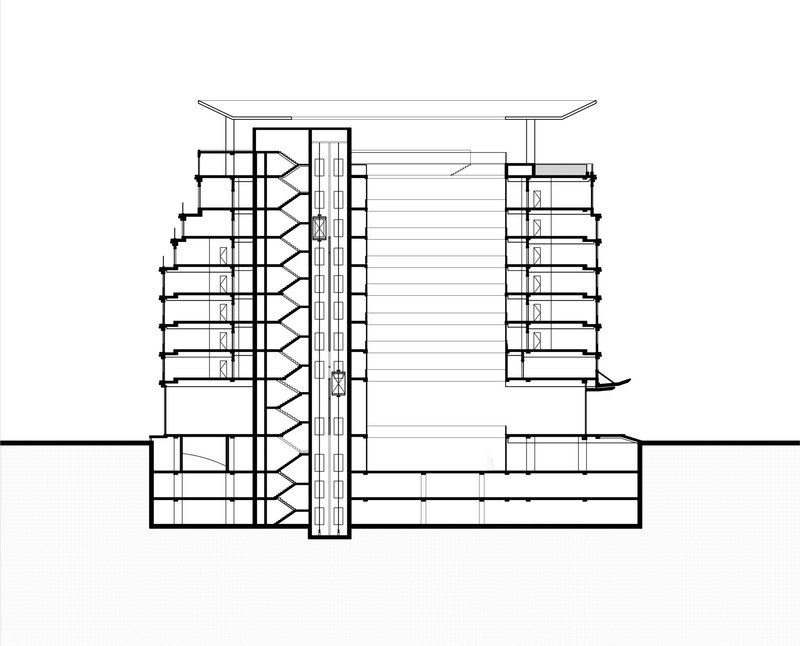 Section drawing showing multi-story residential volumes flanking a central vertical circulation core