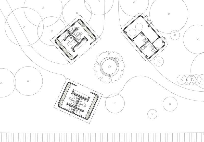 Site plan drawing depicting three rectangular pavilions arranged around a central circular fountain with tree canopies
