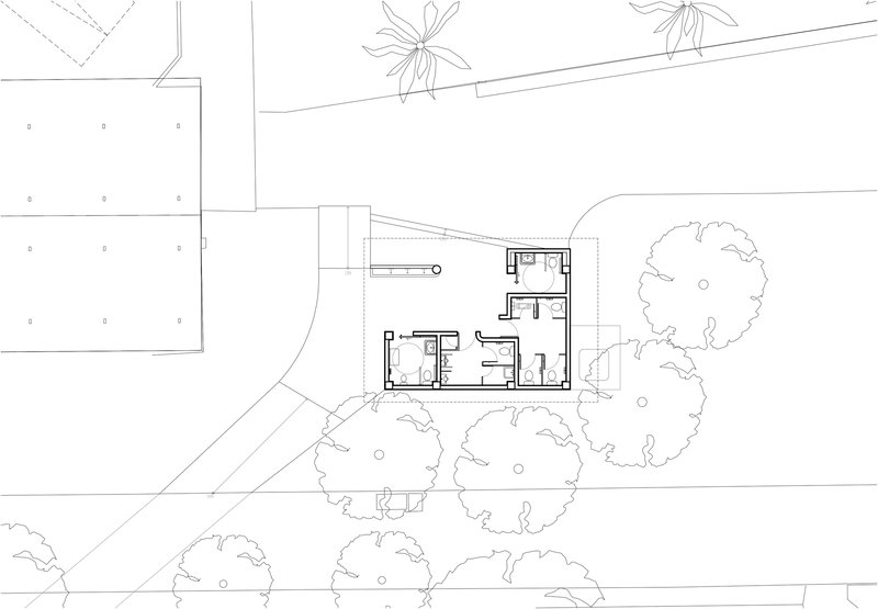 Floor plan drawing showing the interior layout of one pavilion with surrounding tree canopies
