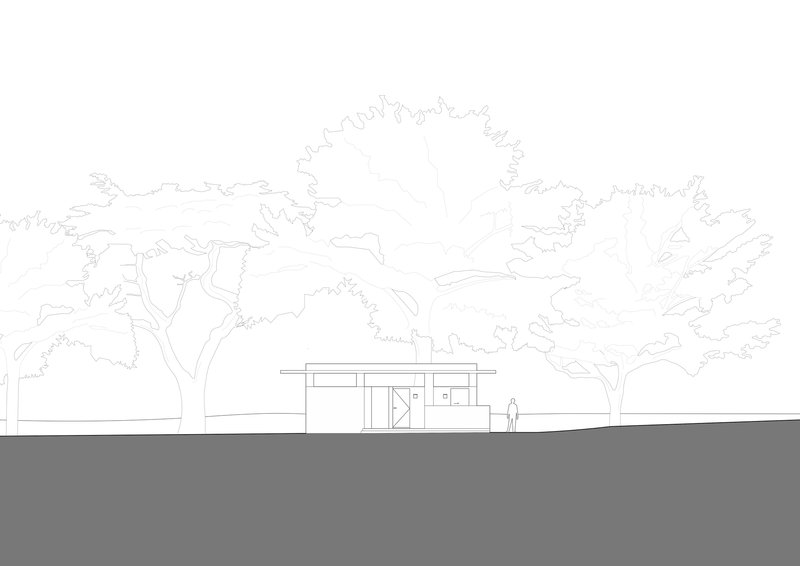 Elevation drawing showing a single-story pavilion with flat roof nestled among mature trees with a figure for scale