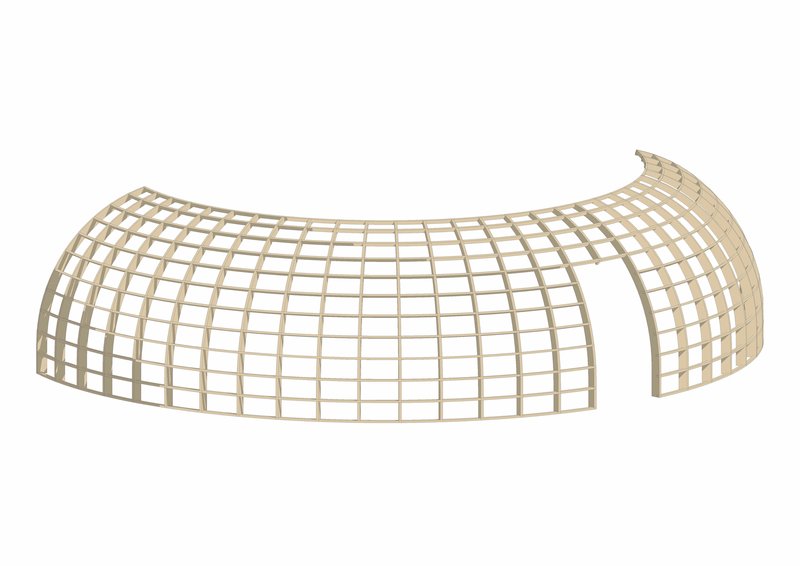 Axonometric drawing of a curving lattice roof structure with three radiating lobes in pale timber