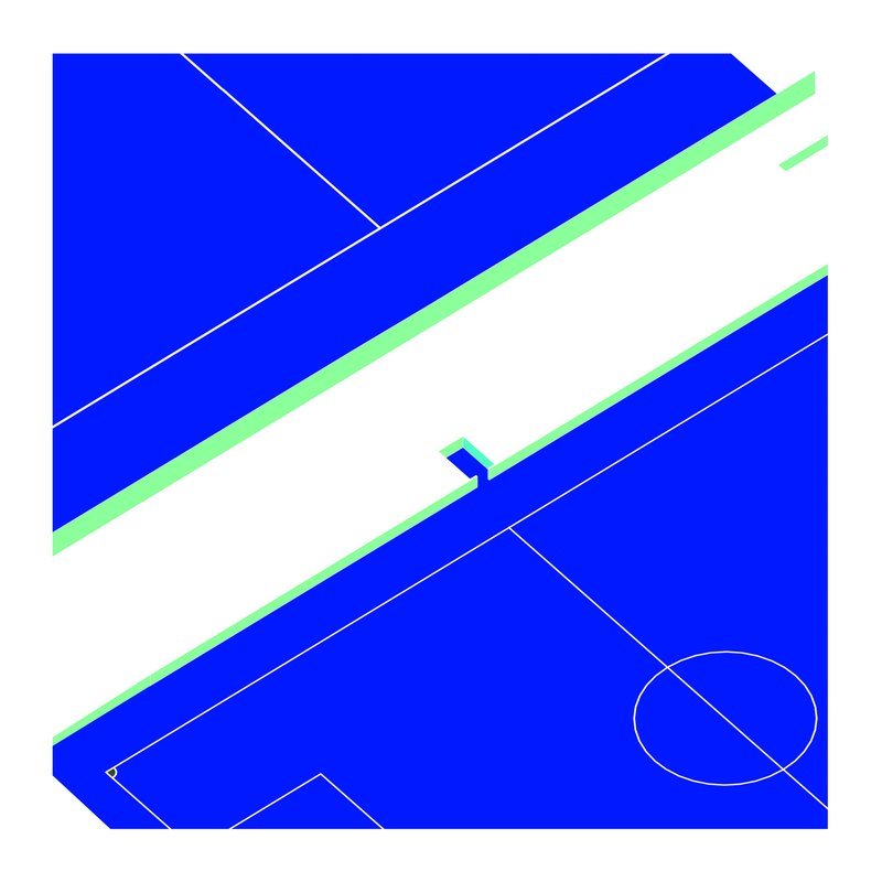 Axonometric detail showing the intersection of green-edged walkways with sports court line markings below