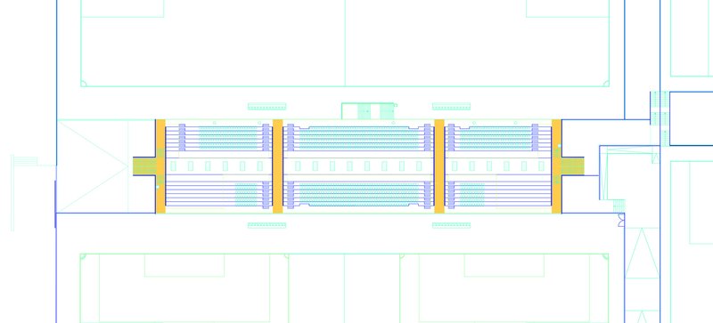 Floor plan drawing illustrating the seating tiers and yellow structural bays along the canopy